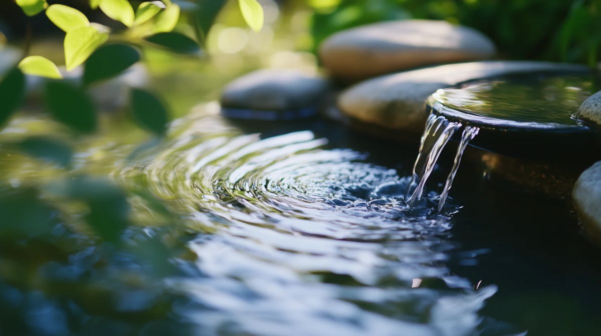 Water rippling in a calm garden fountain surrounded by stones and greenery