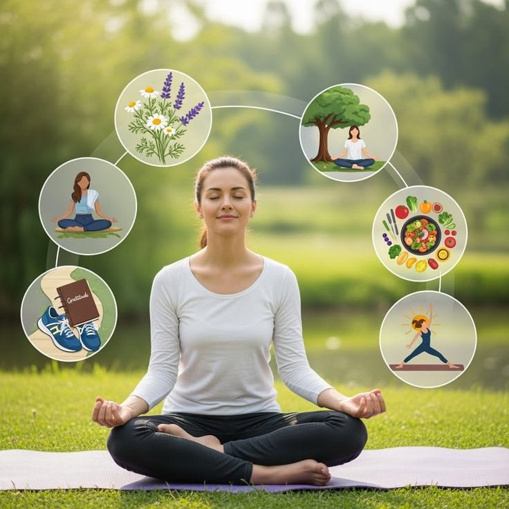 Illustration of holistic lifestyle wellness practices around a meditating figure